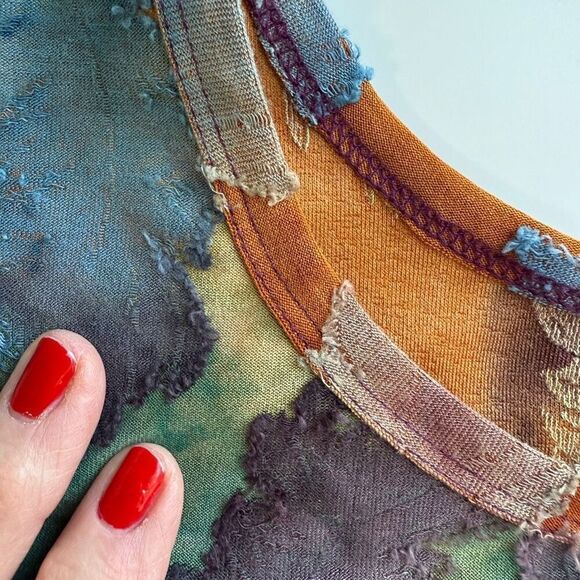 Karen Kane Tie Dye Leaf Print Burnout‎ Shirttail Blouse Top Blue Brown Medium - Picture 6 of 14